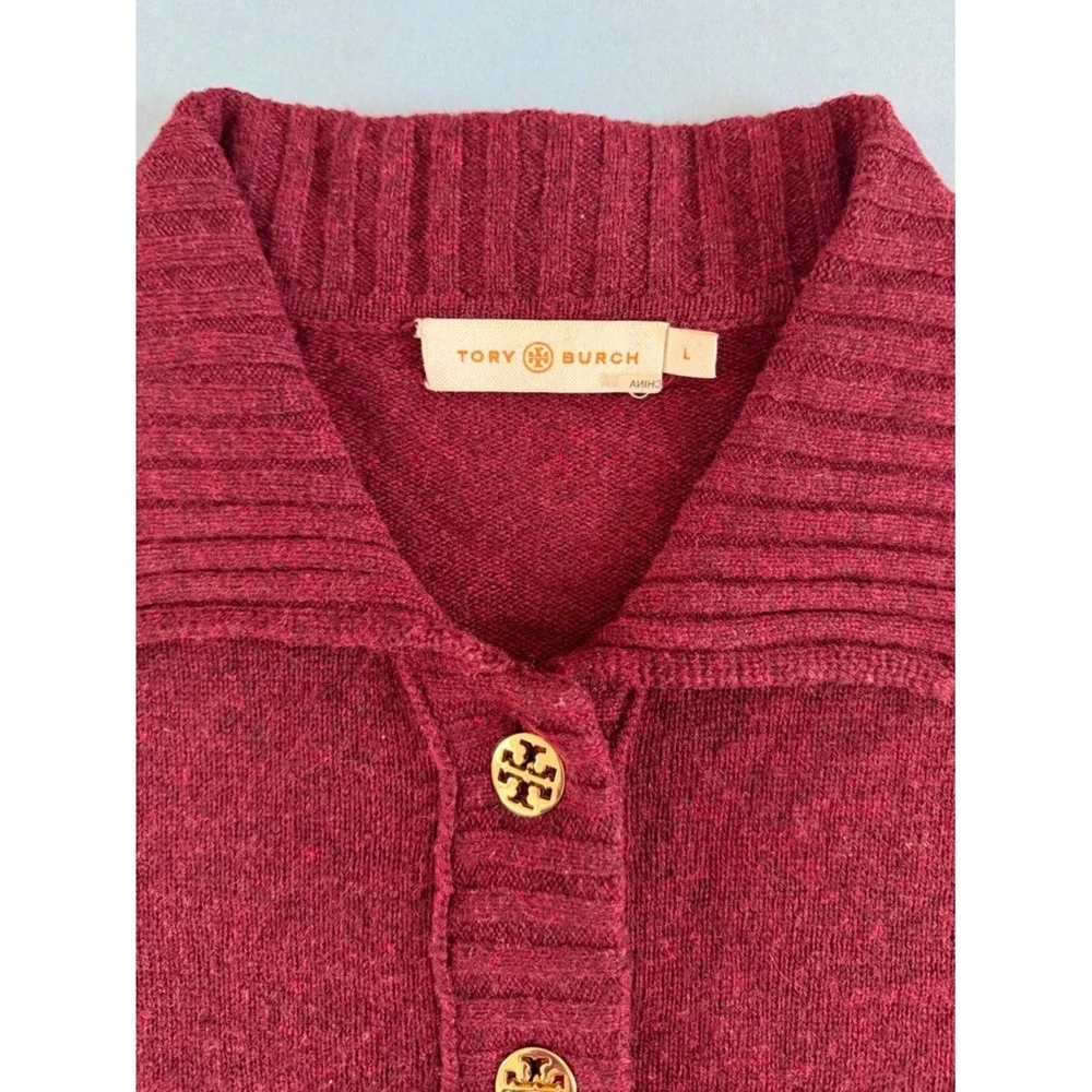 Tory Burch Audra Mock Neck Wool‎ Cashmere Red Purple Henley Sweater